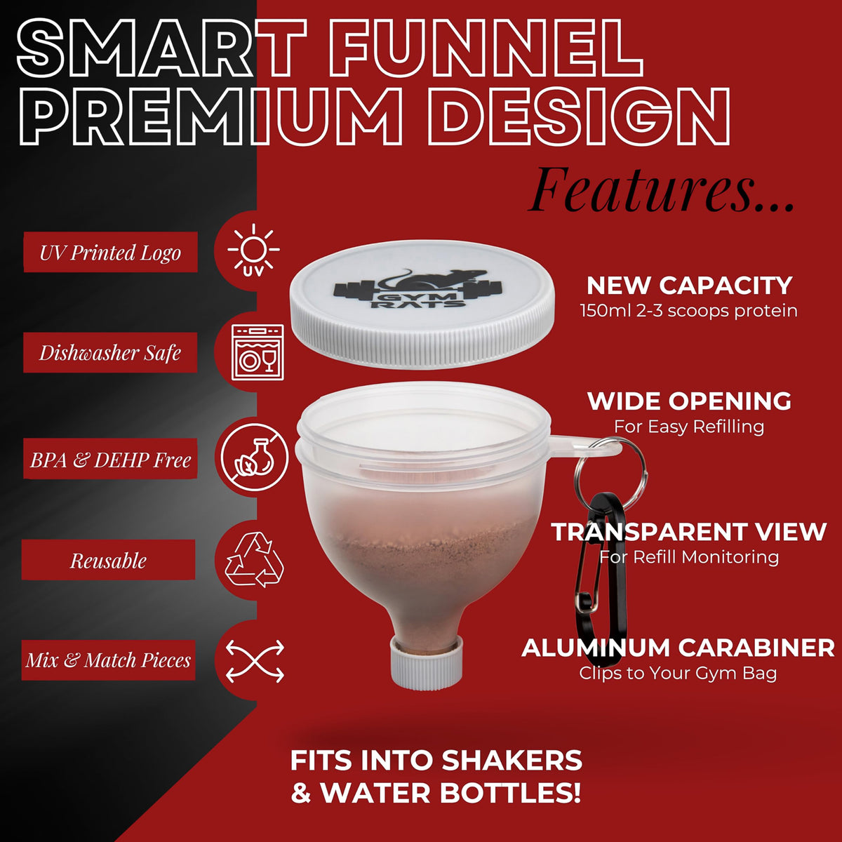 GYM RATS protein funnel to go with reinforced caps prevents leaks during travel