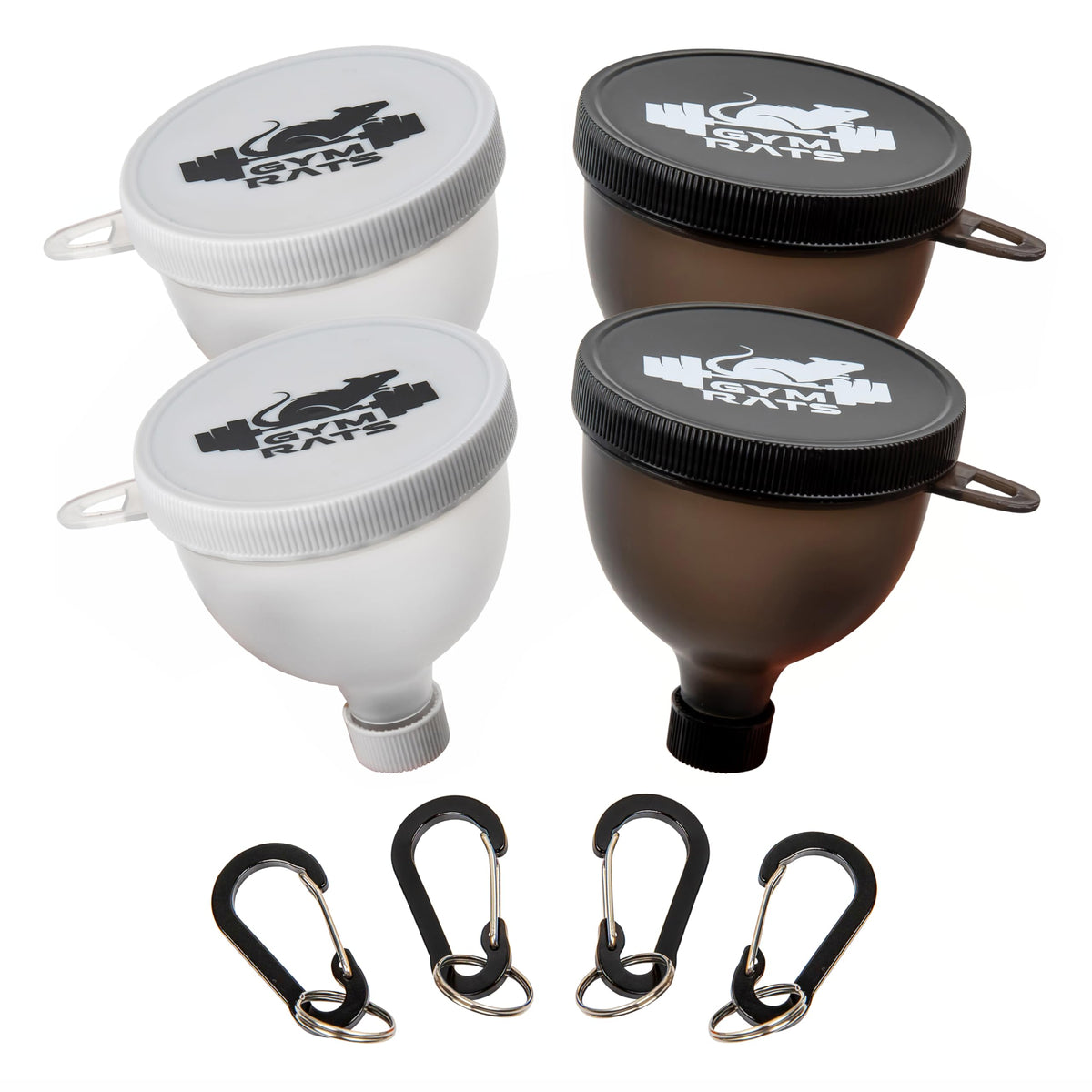 GYM RATS protein funnel with carabiners showing leak-free on-the-go design
