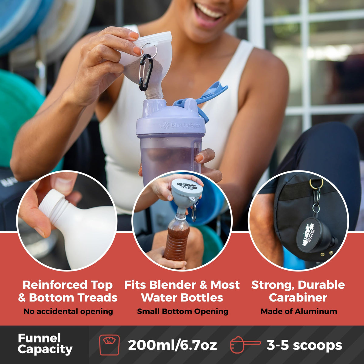 Gym Rats funnel bottom cap reinforced prevents leaks during travel