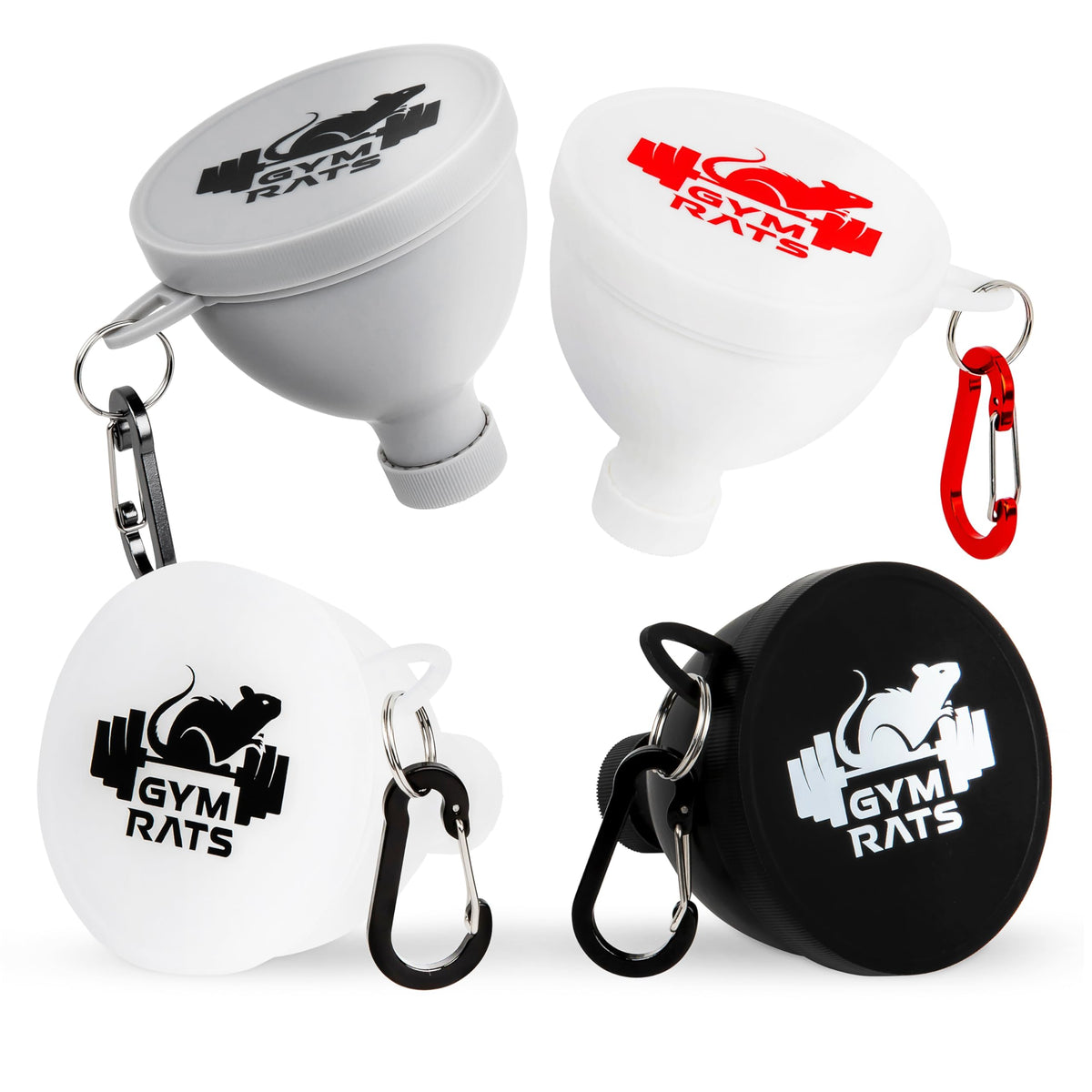 Gym Rats travel protein powder funnel set with carabiner for spill-free on-the-go use