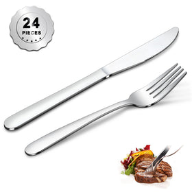 Gymdin 24-piece stainless steel flatware set for daily meals with durable knives and forks.