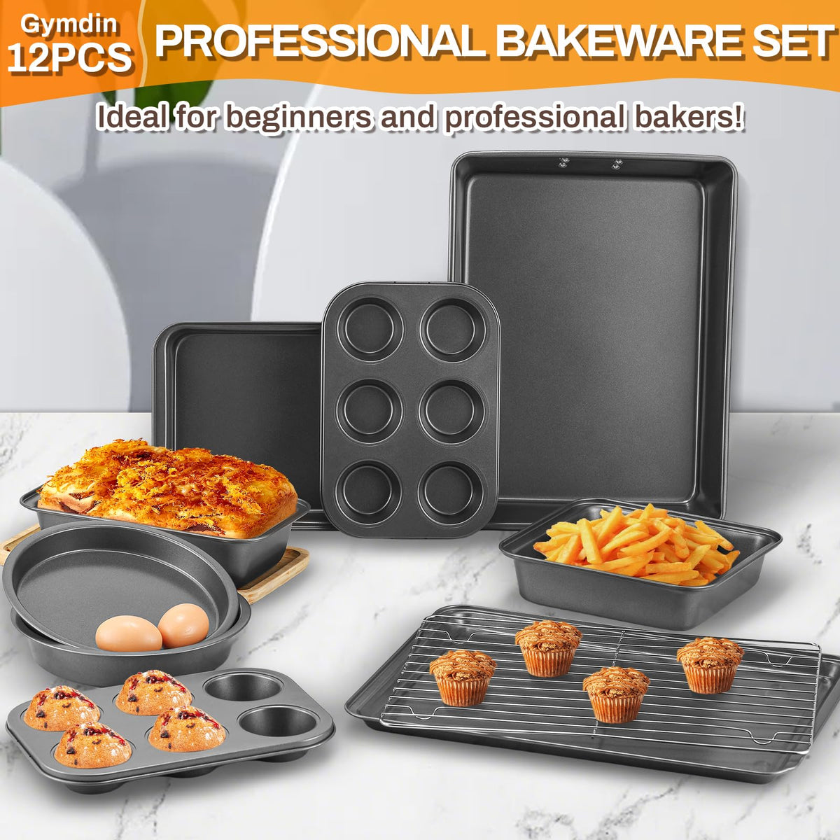 Gymdin 6-cup muffin pans ensure even rise and easy release.