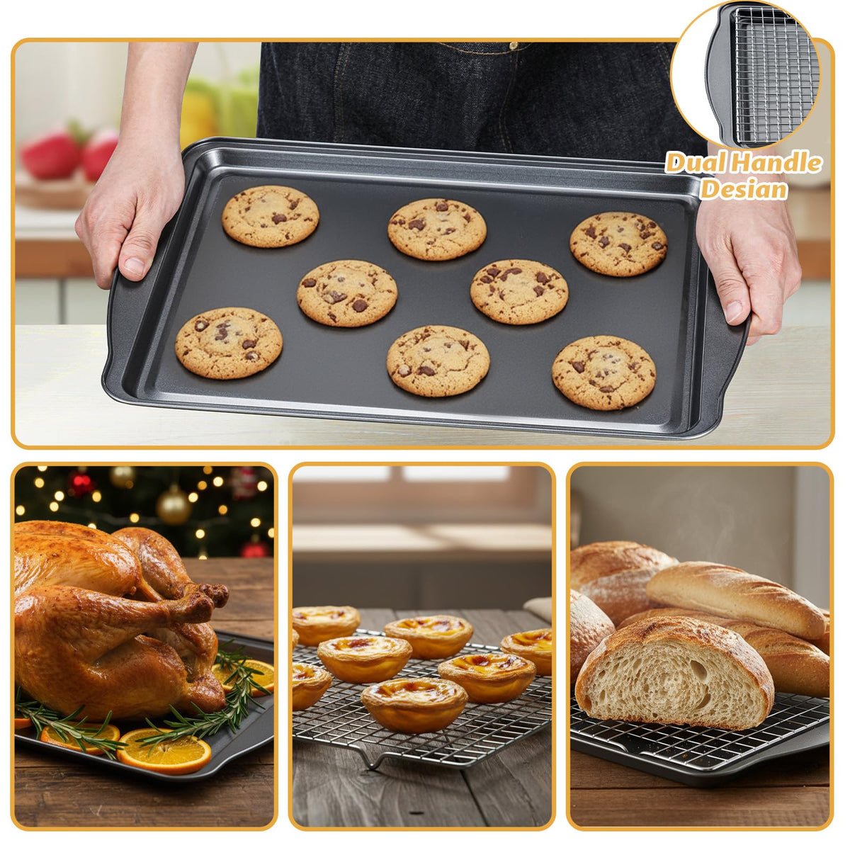 Gymdin ergonomic extended handles provide safe transfer from oven to counter.