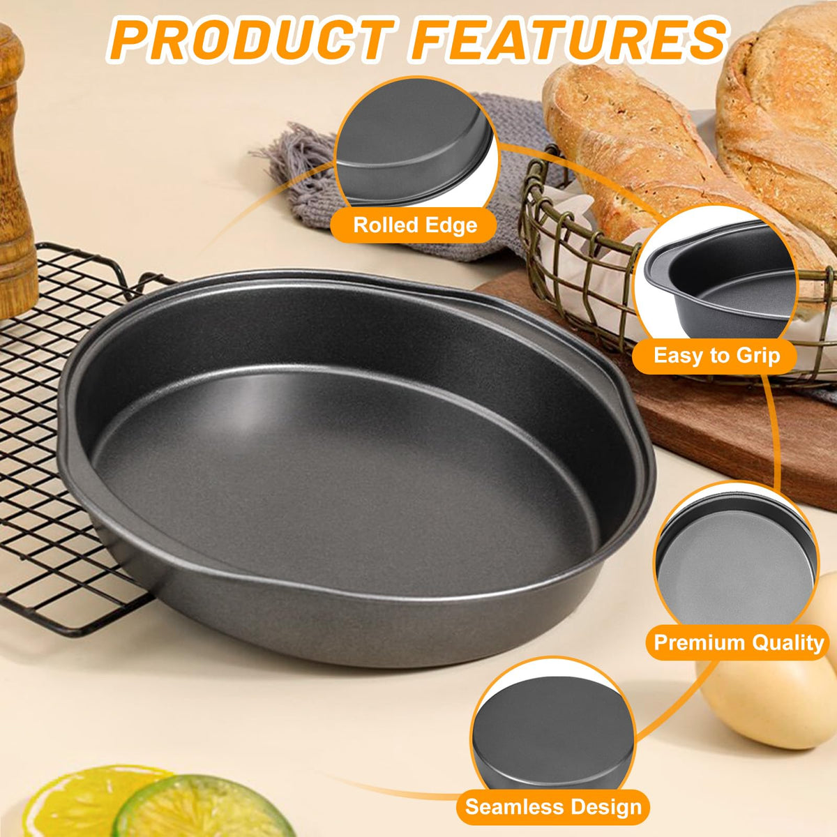 Gymdin ergonomic side handles offer secure grip when handling pans from the oven