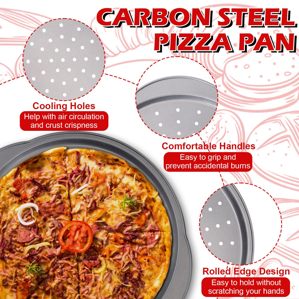 Gymdin pizza pan handles provide a secure grip for safe oven transfers.