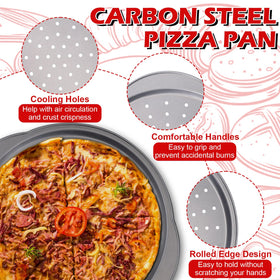 Gymdin pizza pan handles provide a secure grip for safe oven transfers.