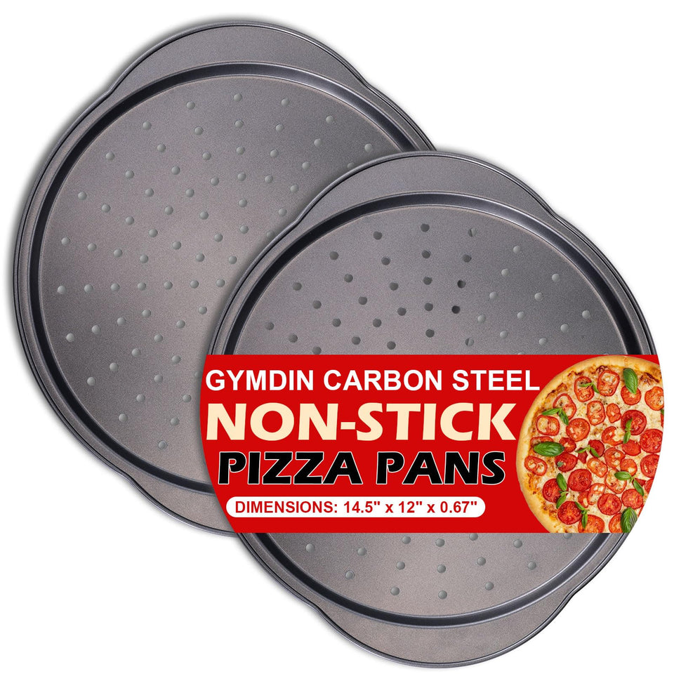Gymdin pizza pan with perforated holes for crispy crust in the oven.