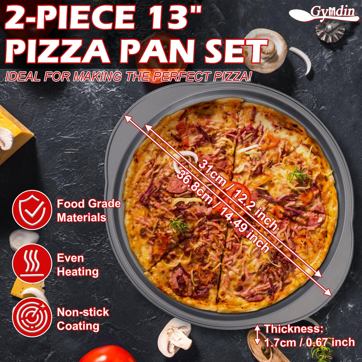 Gymdin pizza pan with non-stick coating for easy release and cleanup.