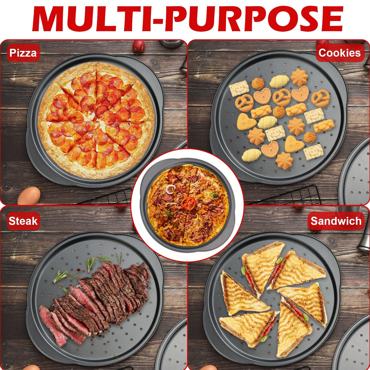 Gymdin versatile pan ideal for pizzas, cookies, and sandwiches.