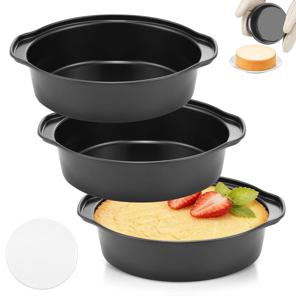 Gymdin six-inch cake pan set front view, durable carbon steel for even baking.