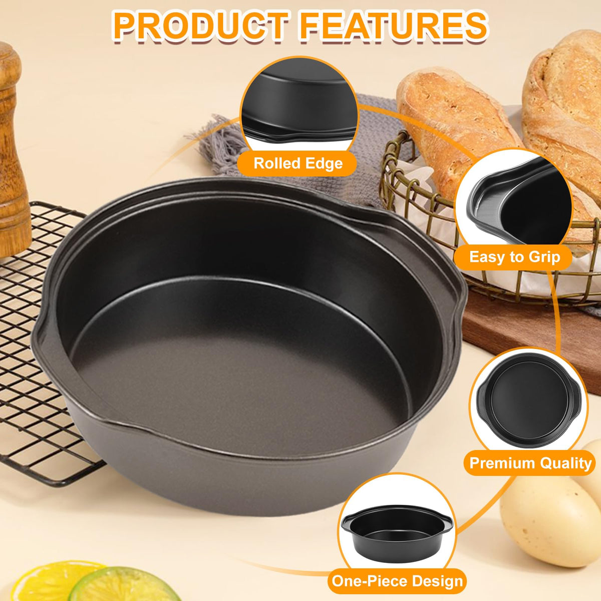 Gymdin six-inch cake pans in oven, uniform bake results.