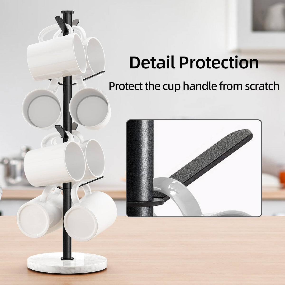 Gypie Marble Mug Holder Tree 8-hooks maximize mug capacity while keeping cups accessible.