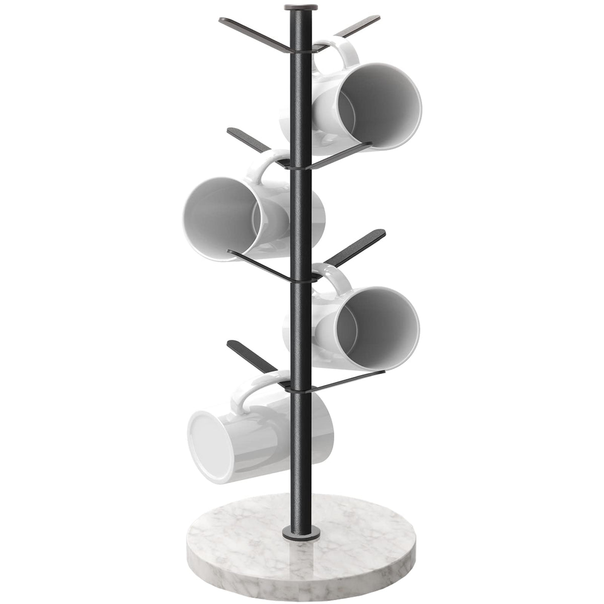 Gypie Marble Mug Holder Tree assembly demonstrates adjustable height for mugs.