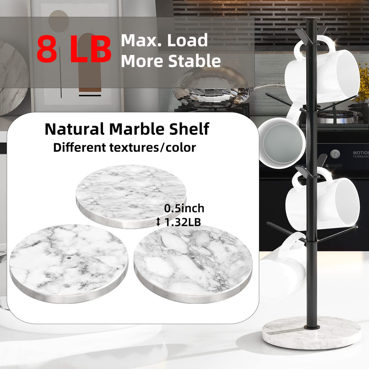 Gypie Marble Mug Holder Tree branches keep mugs organized on a compact counter.