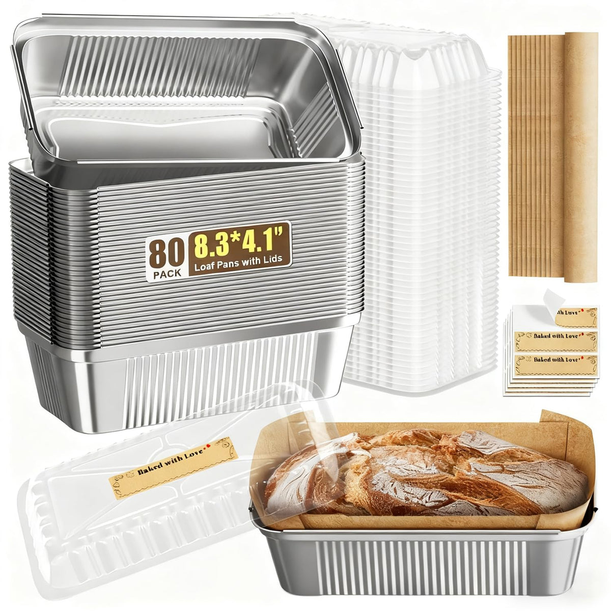 Gyreuni 80-pack aluminum loaf pans with lids for easy baking and transport.