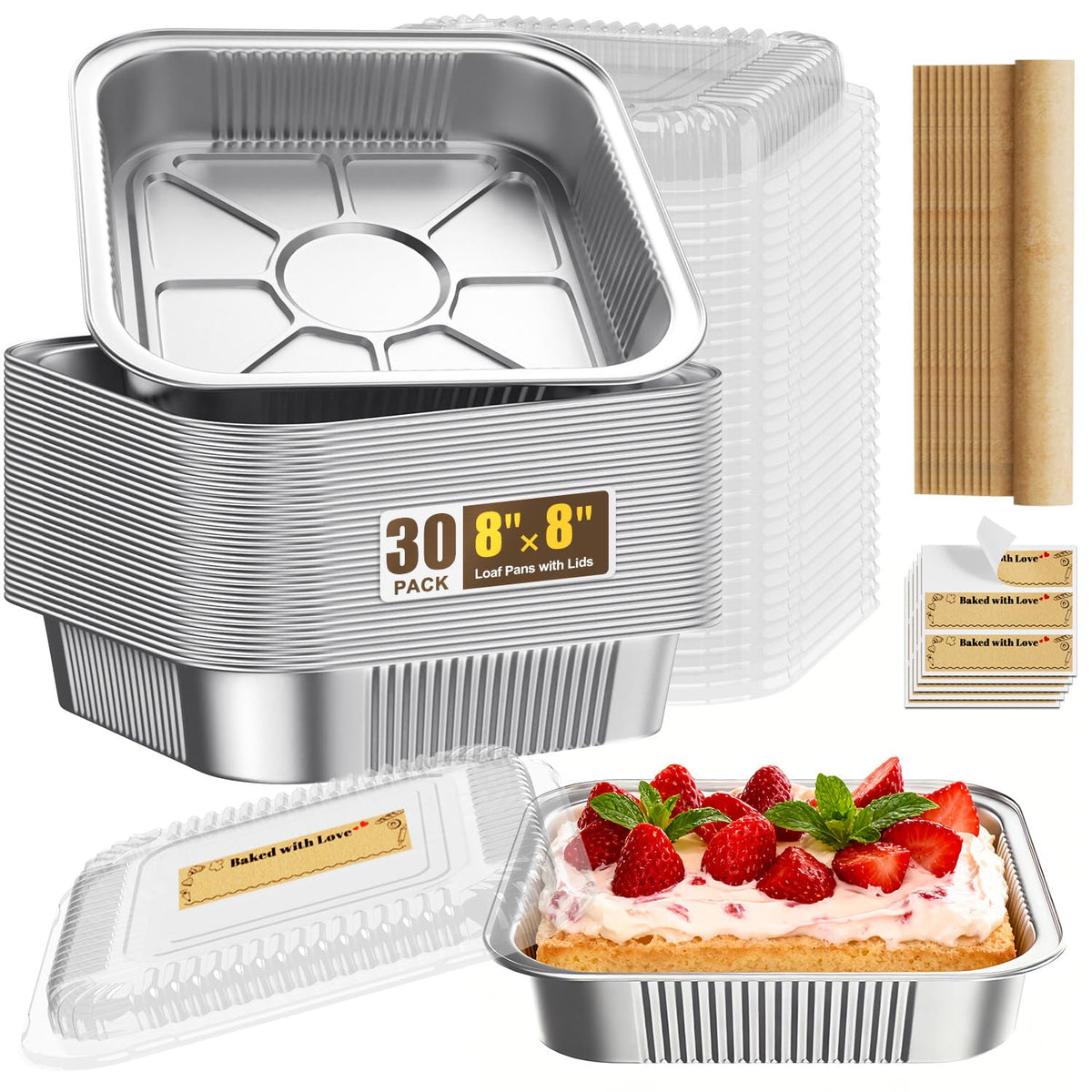 Gyreuni foil loaf pans with lids 8x8 inches for easy bake-and-serve meals.