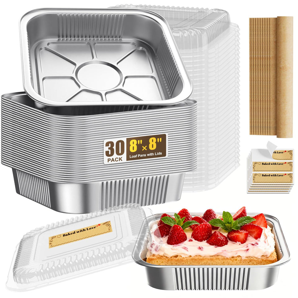 Gyreuni foil loaf pans with lids 8x8 inches for easy bake-and-serve meals.