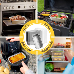 Gyreuni heavy-duty aluminum foil pans withstand oven and grill use.