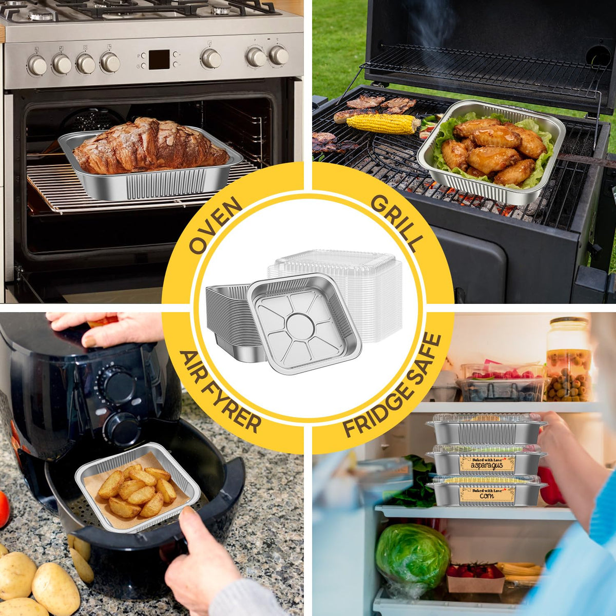Gyreuni oven-safe disposable trays endure high heat for versatile cooking.