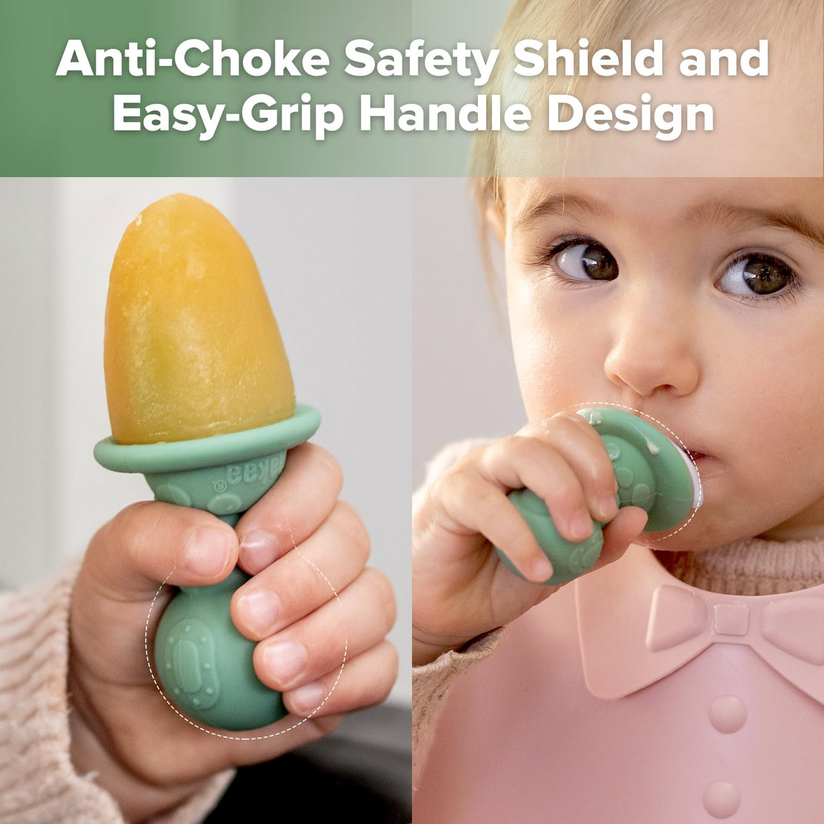 Haakaa anti-choke stopper design prevents over-insertion for safer teething snacks.