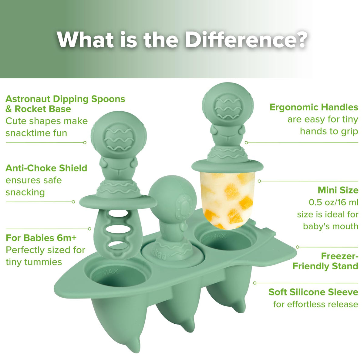 Haakaa baby-safe silicone mould, BPA-free and gentle on delicate gums.
