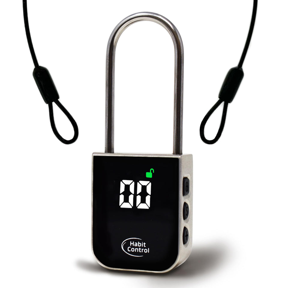 Habit Control metal timer lock on a cabinet keeps snacks out of reach