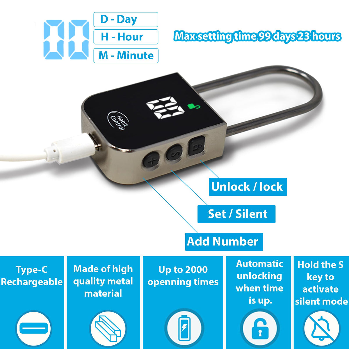 Habit Control lock charging with USB-C for long battery life