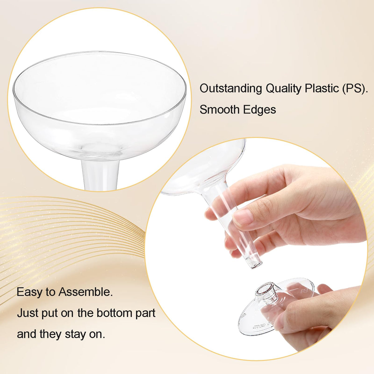 Hacaroa disposable champagne cups showcase a classic stem and refined look.