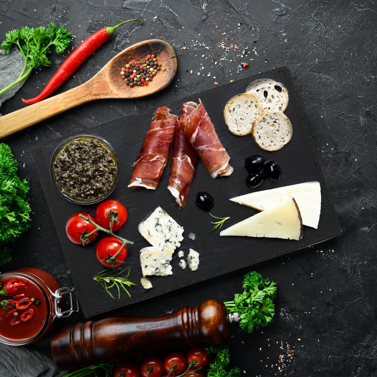 Hacaroa six-piece slate board set for versatile hosting.