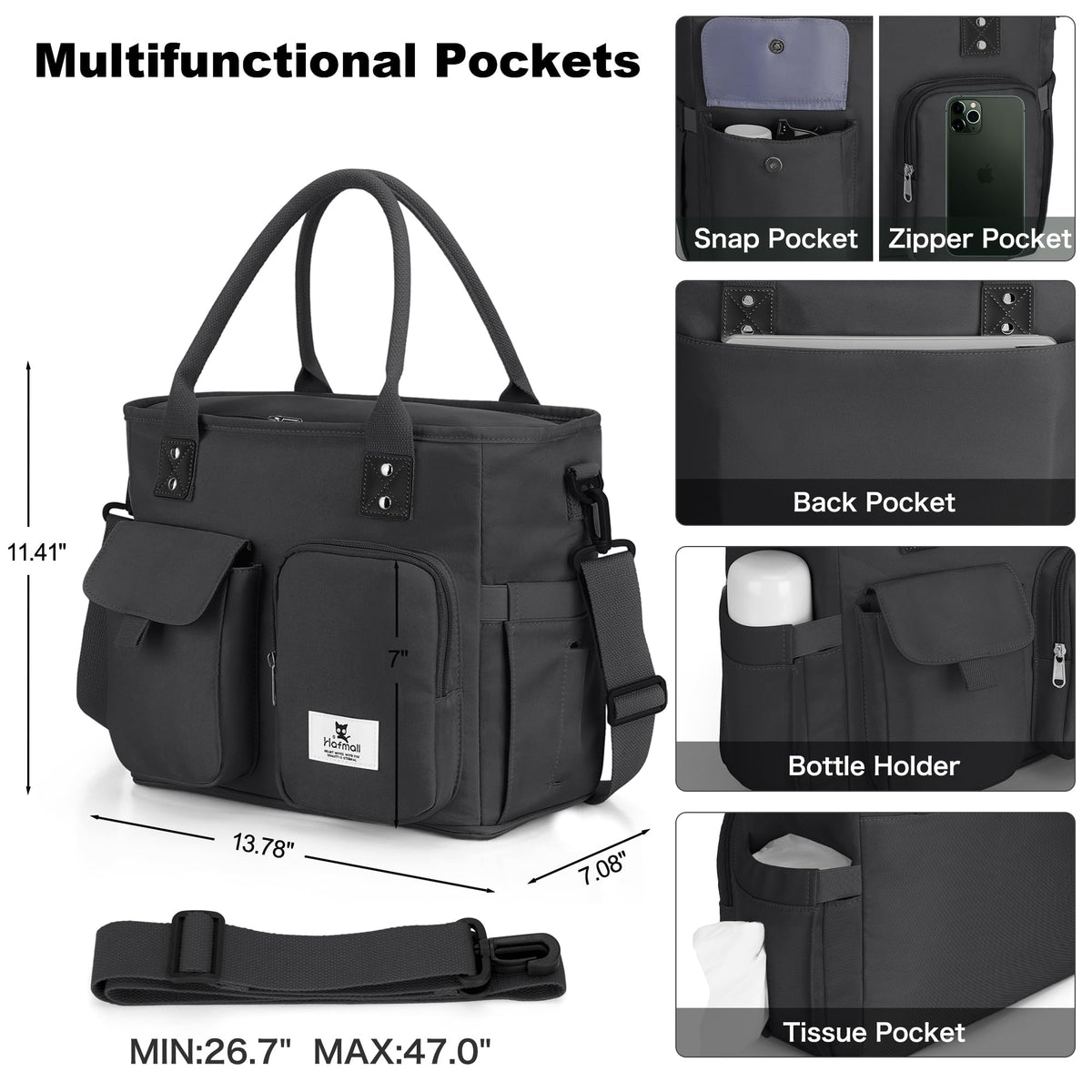 Hafmall black lunch bag with sturdy shoulder strap for comfortable carrying.