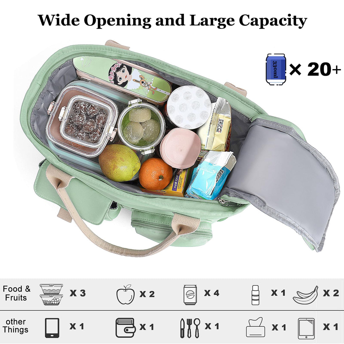 Hafmall lunch bag with wide opening for easy packing