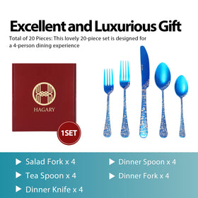 Hagary blue dinner fork with wave pattern adds cohesive Asian-inspired style.