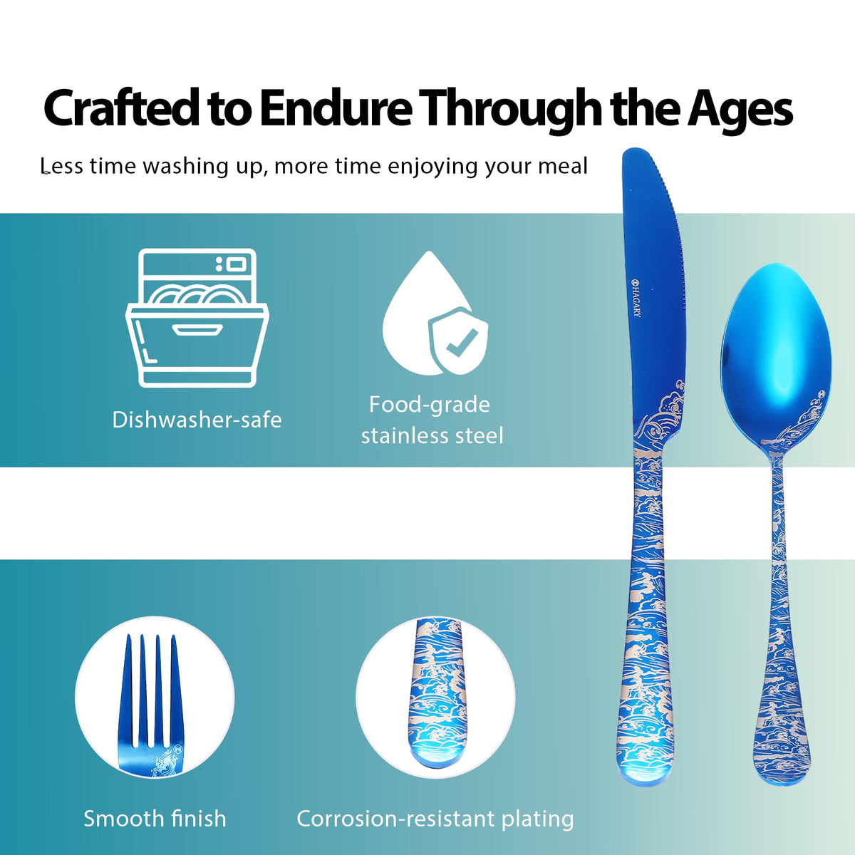Hagary blue dinner knife with laser engraving enhances formal table settings.