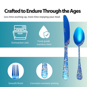 Hagary blue dinner knife with laser engraving enhances formal table settings.