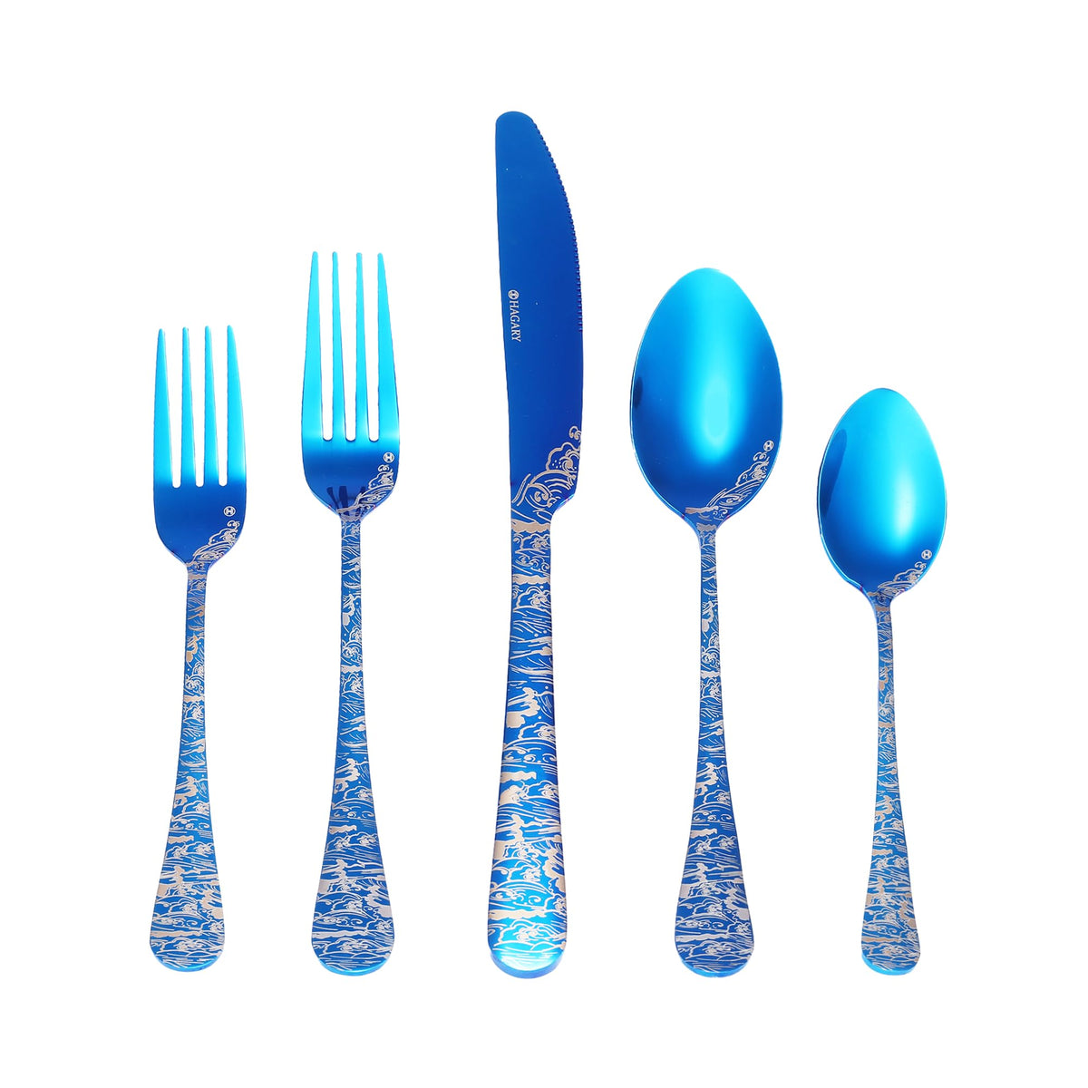 Hagary Wave Cutlery Set in all-blue with laser-engraved wave motif for elegant dining.