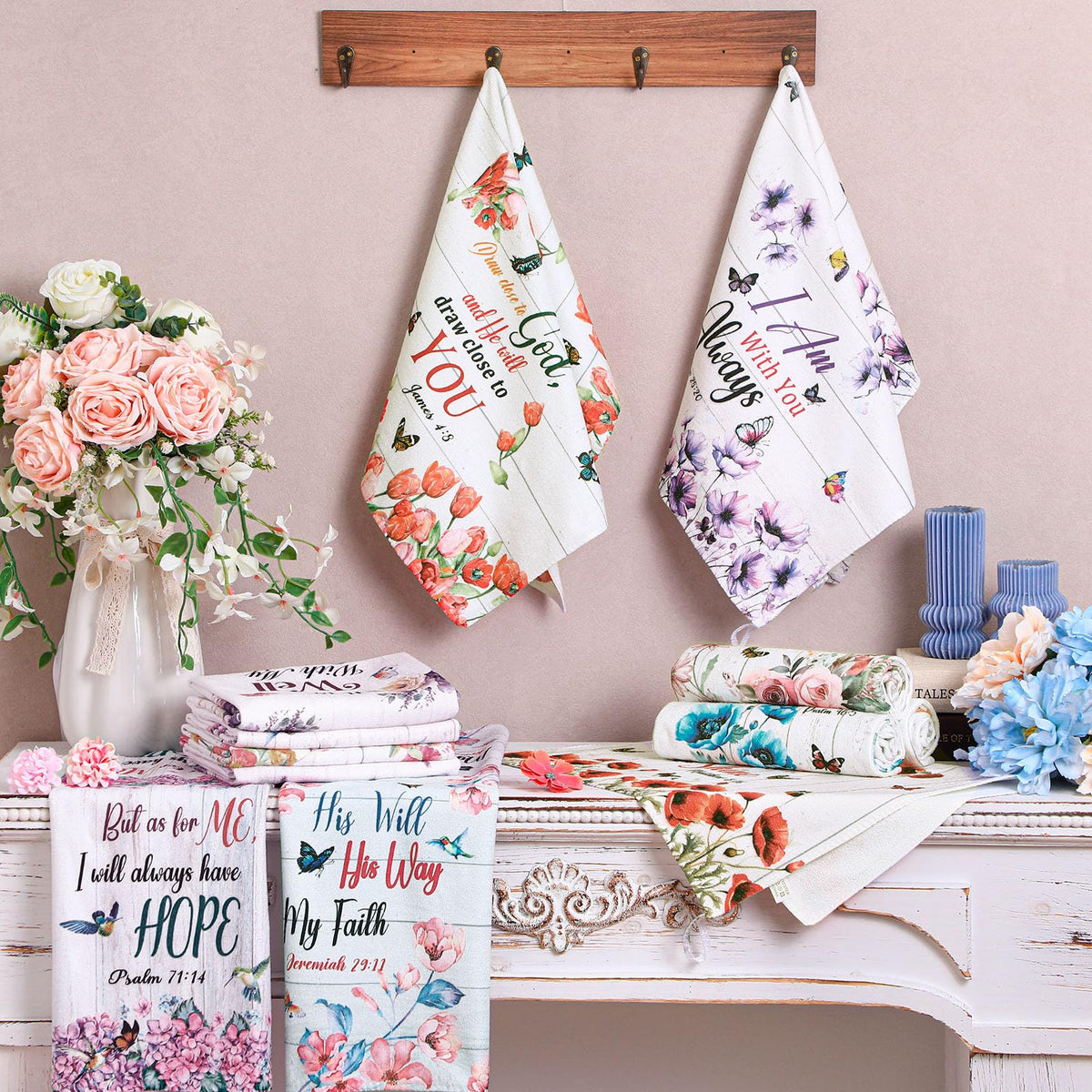 Hahafelt floral design towels add cheerful color while drying dishes.