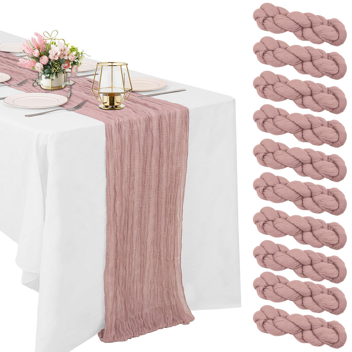 HAISIWLKJ dusty pink cheesecloth table runner laid out on a long dining table for weddings