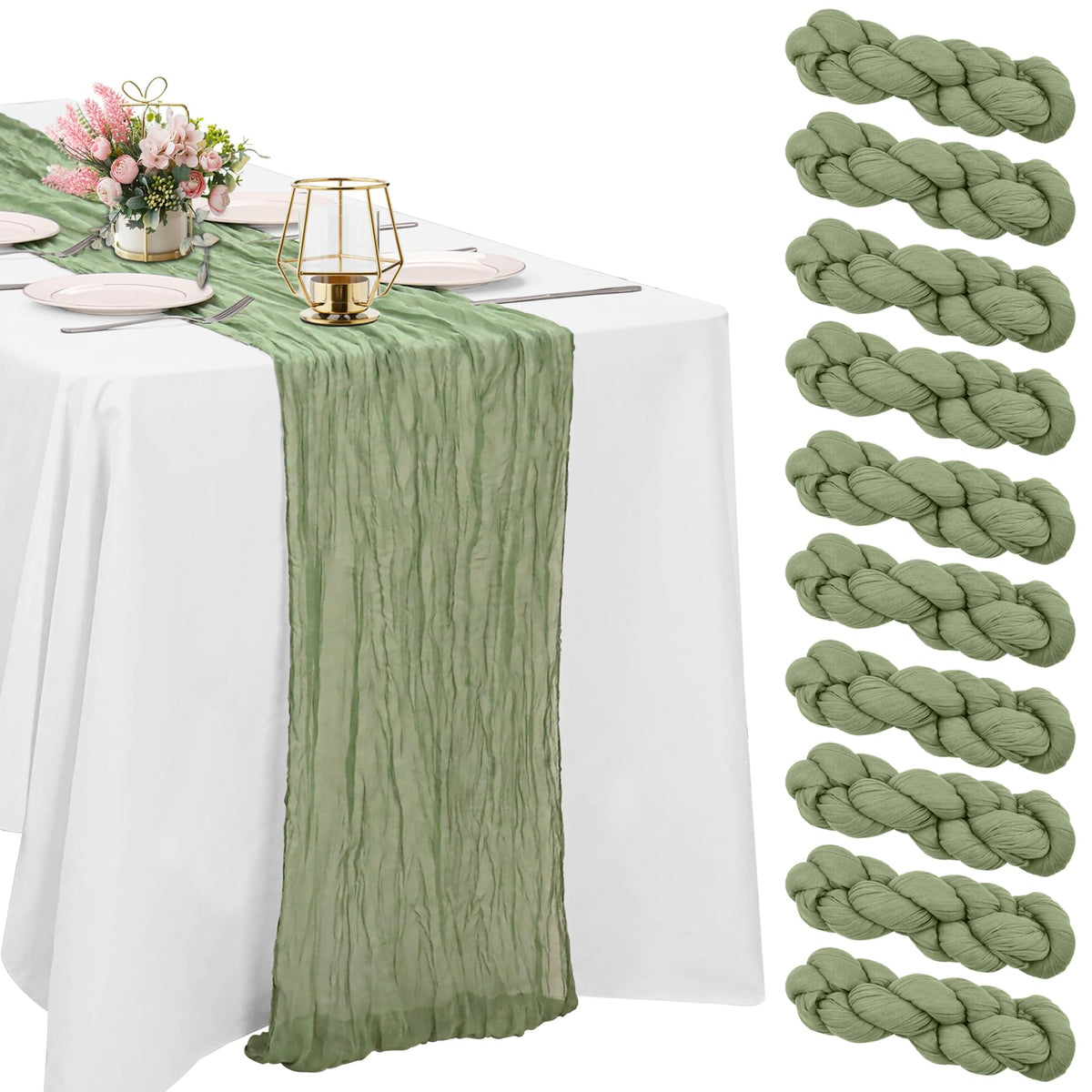 HAISIWLKJ sage-green cheesecloth table runner 72in adds boho elegance to long tables.