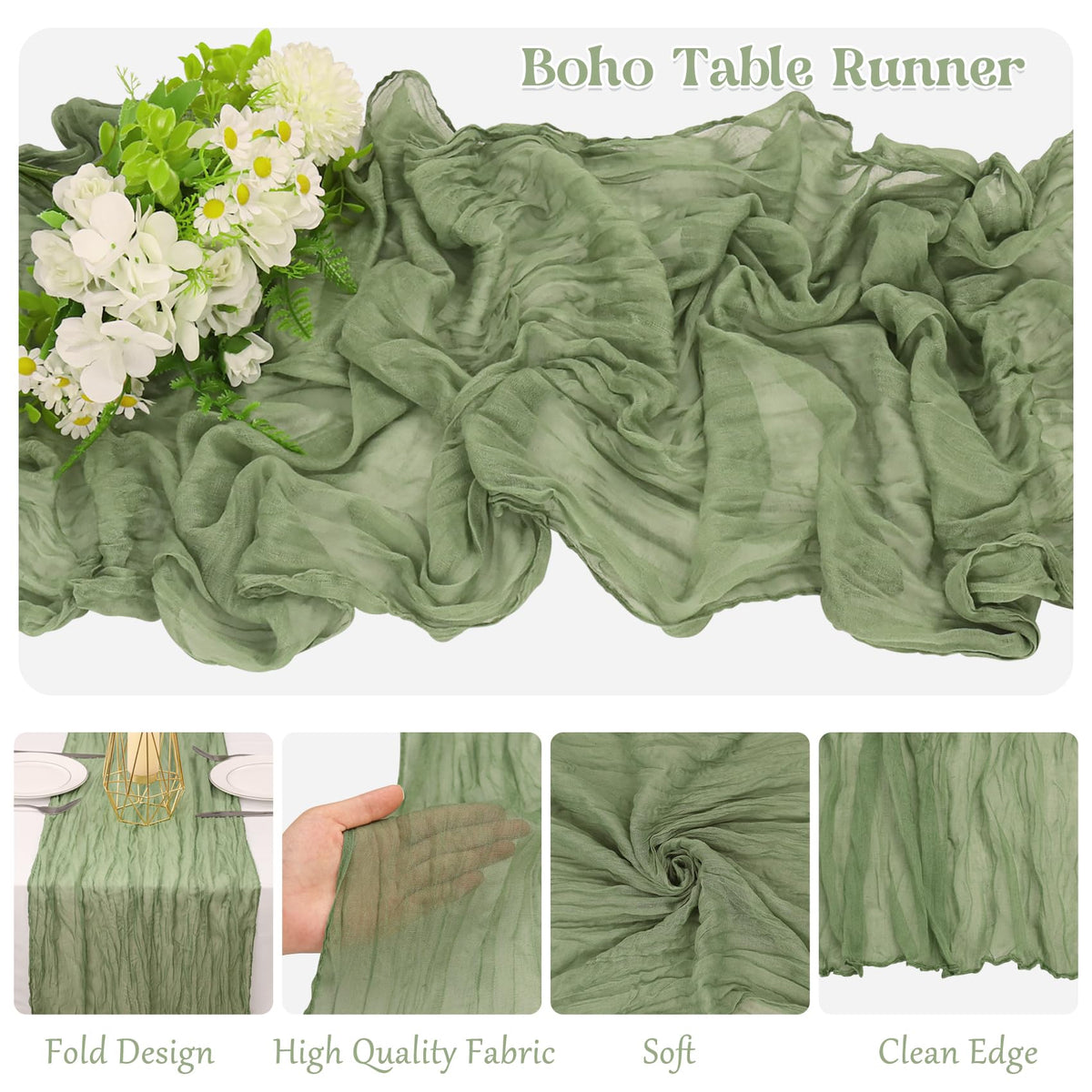 HAISIWLKJ sage-green table runner shows soft, wrinkle texture for rustic charm.