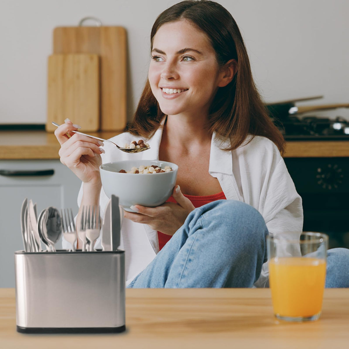 Haiyouneer silverware caddy top view shows compact footprint for countertops