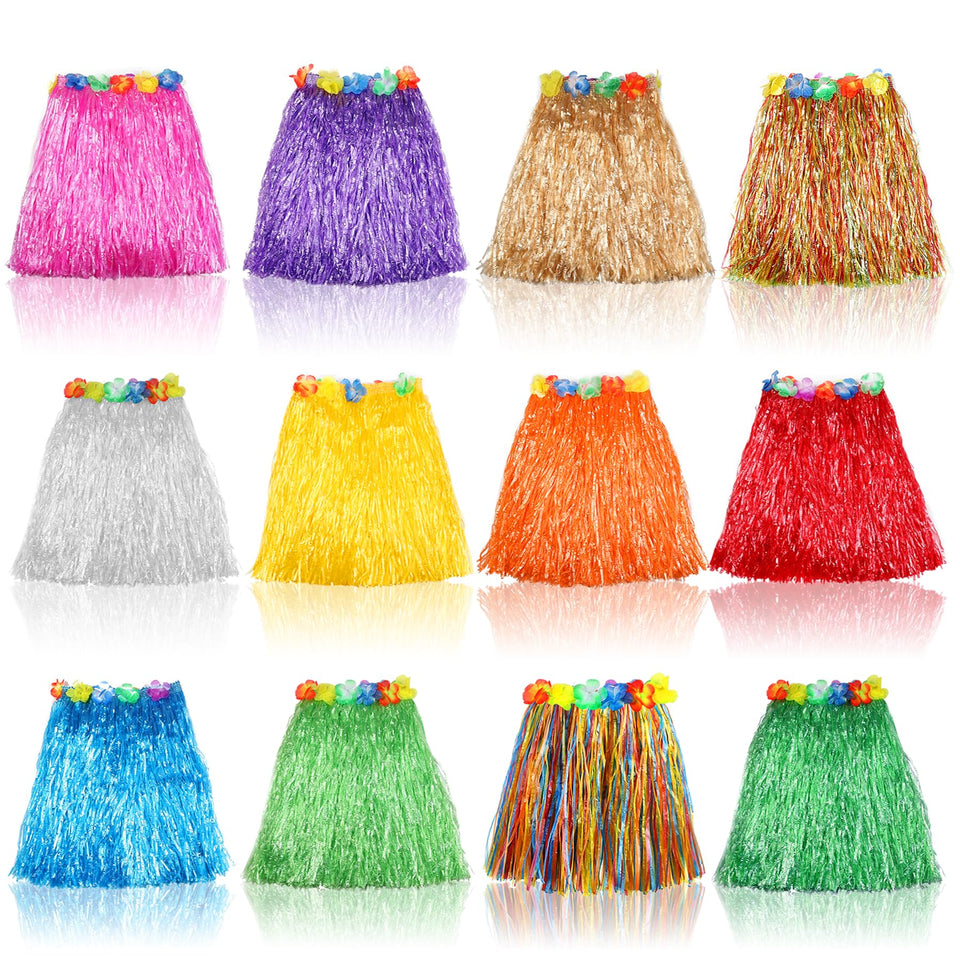 Hajoyful grass skirt for kids, Hawaiian luau 12-pack, ideal for tropical party outfits.