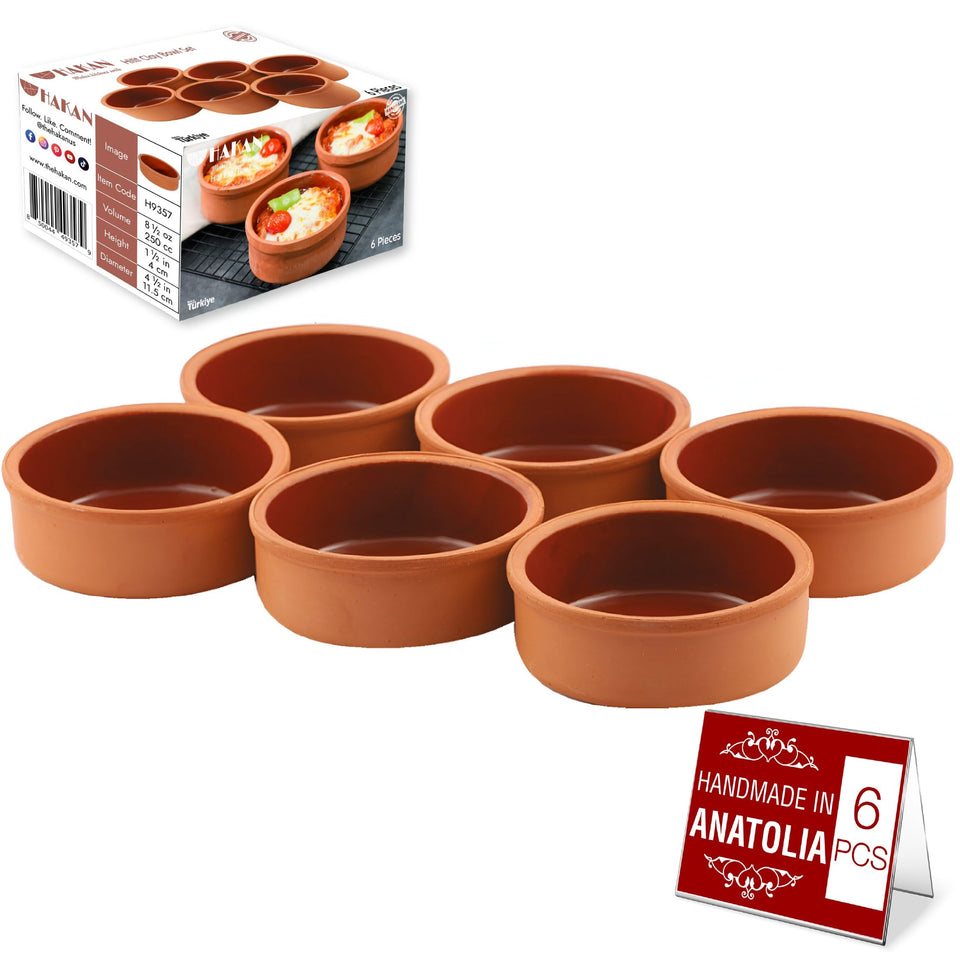Hakan Hitit clay bowl 4.5-inch terracotta with glaze for oven-safe cooking and serving.