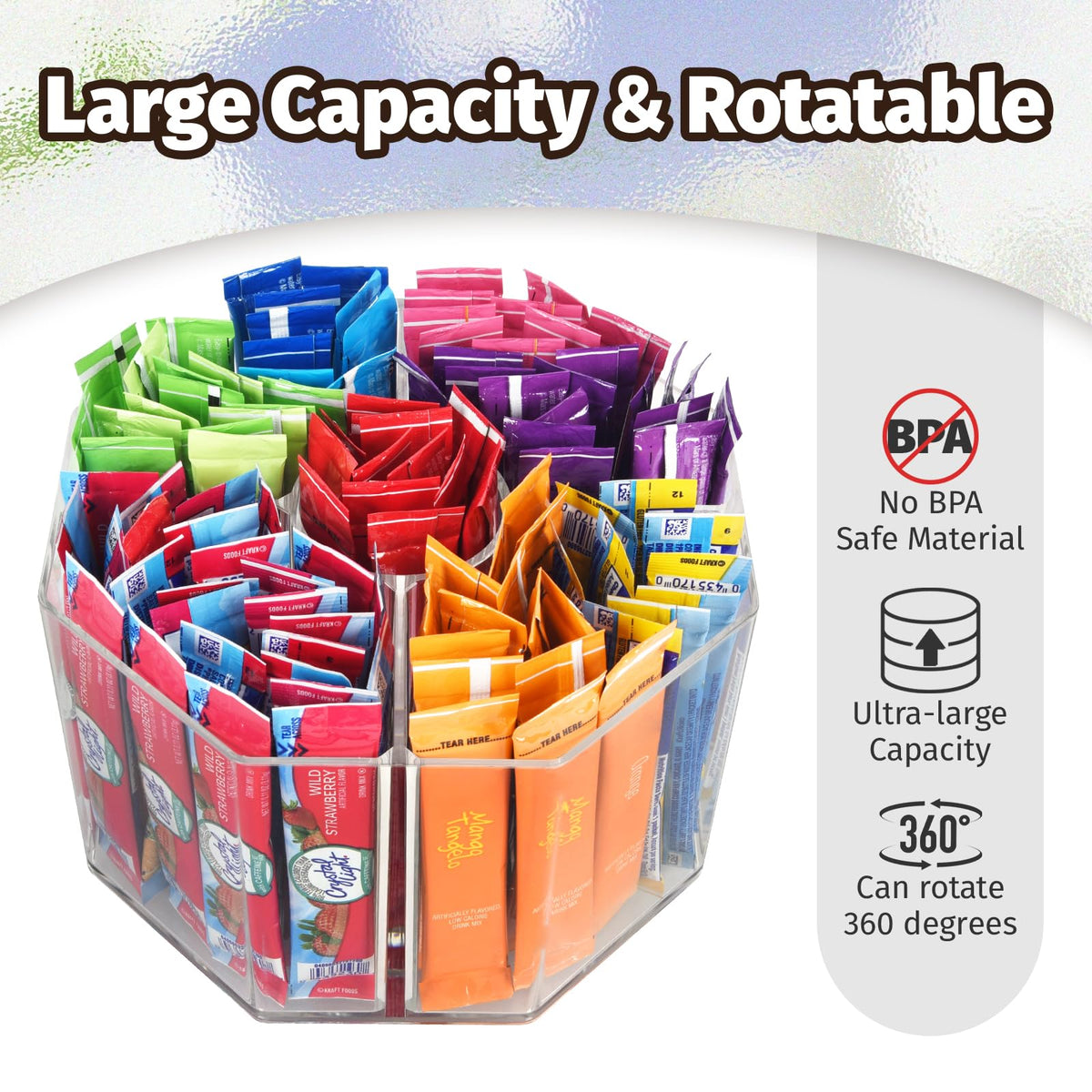 HALAGAS drink packet organizer rotates for easy access to beverages