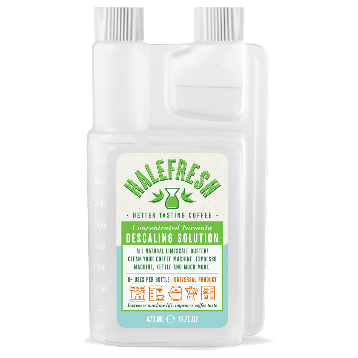 Halefresh Descaling Solution bottle pour demonstrating easy cycle for mineral buildup removal.