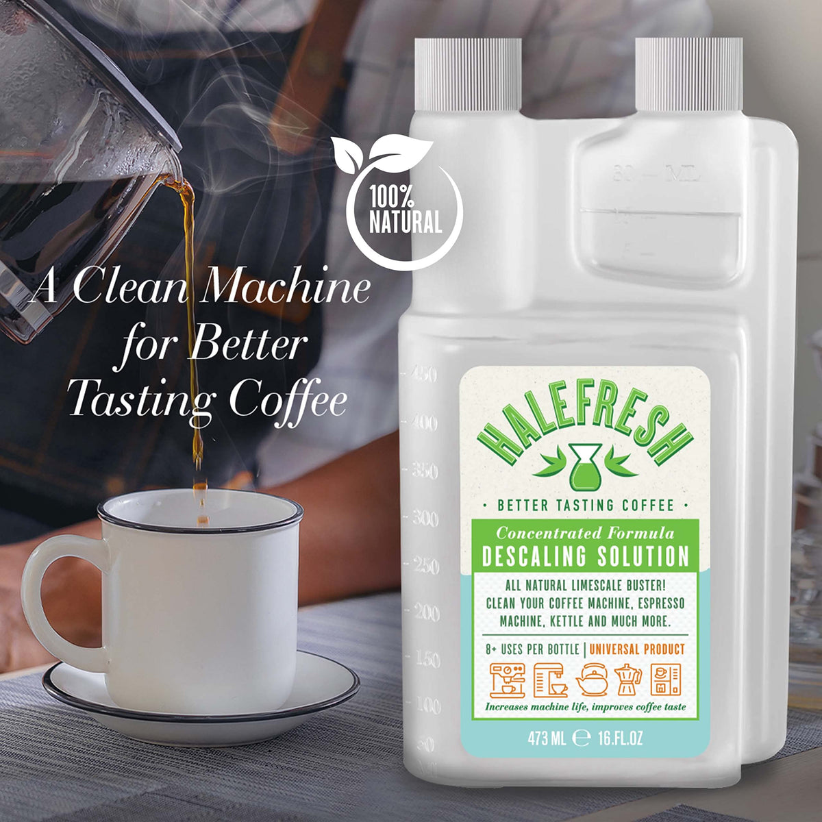 Halefresh Descaling Solution in-machine cleaning illustrating limescale removal potential.