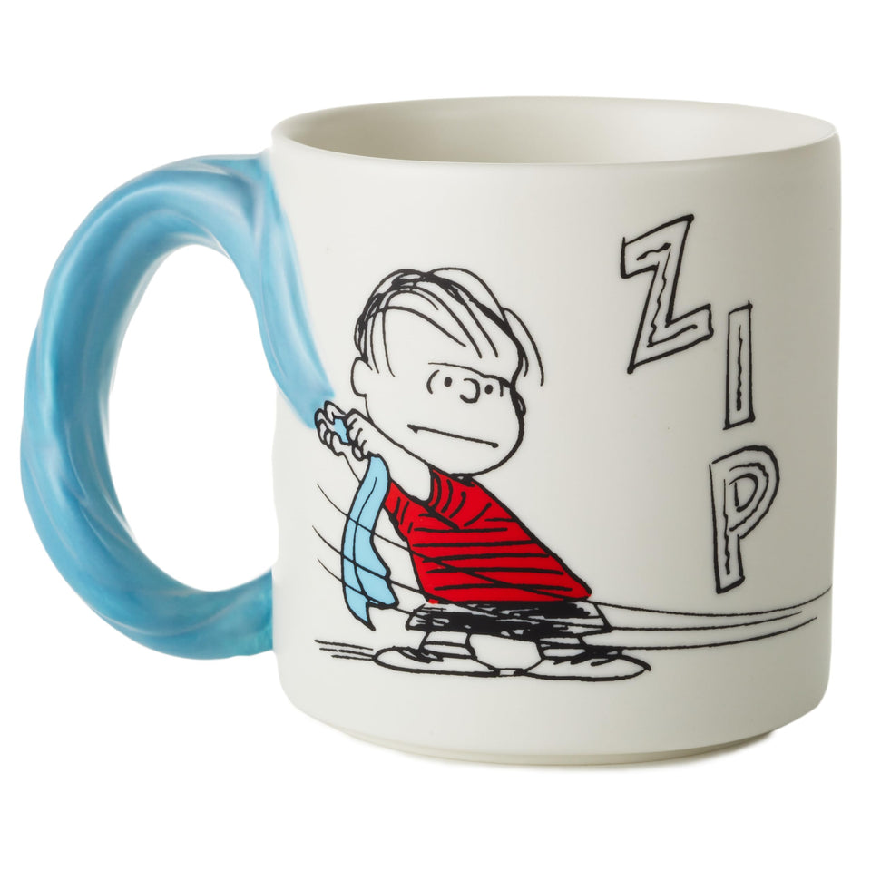 Hallmark Peanuts mug with dimensional blanket handle for cozy mornings.
