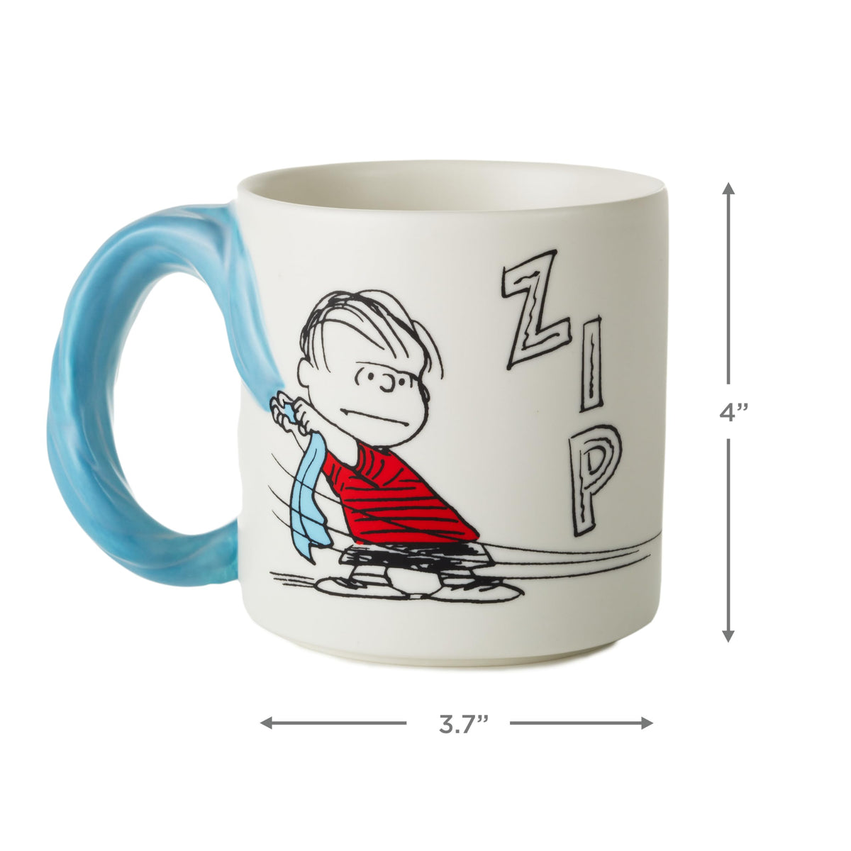 Hallmark Peanuts mug illustration of Linus snatching the blanket for playful charm.
