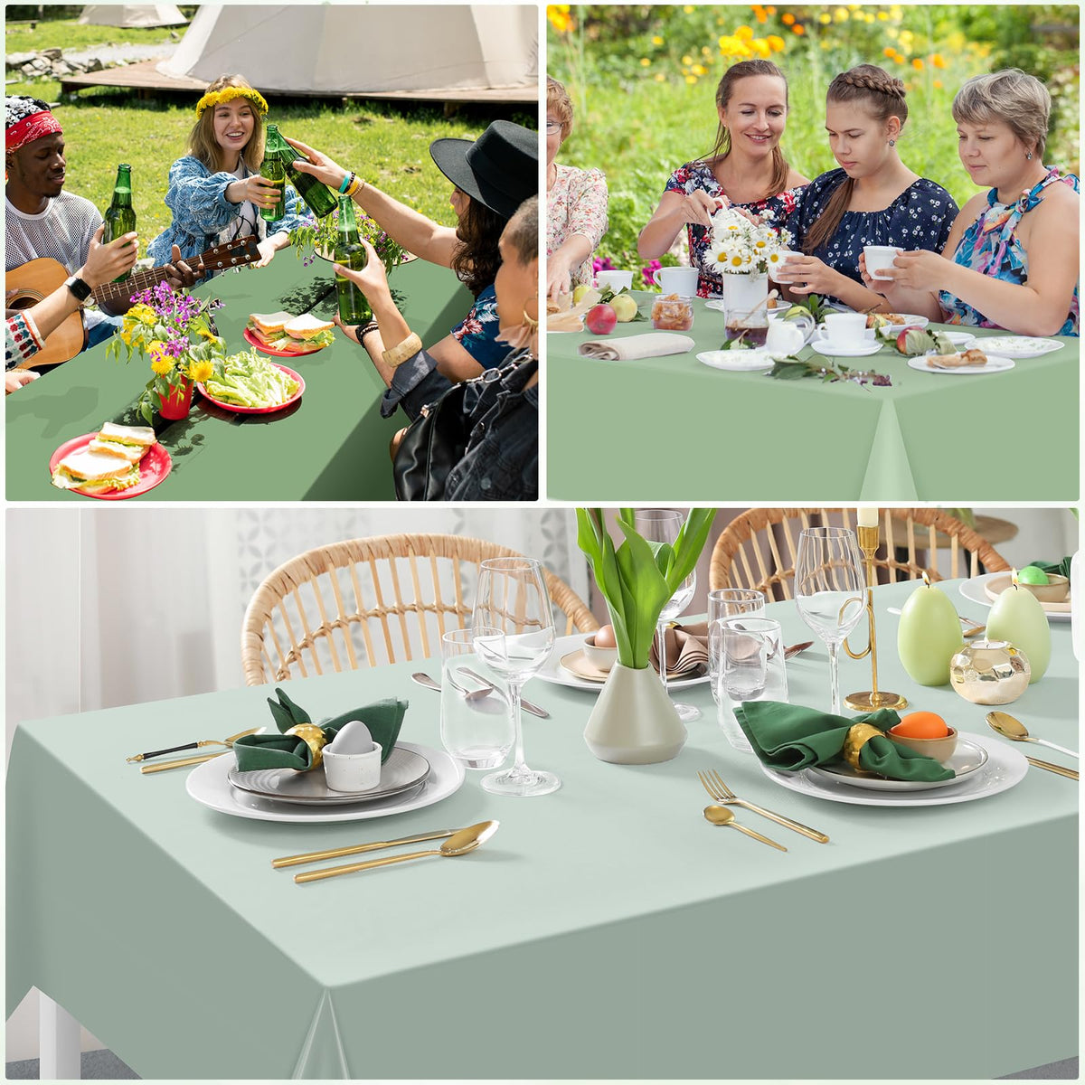 Hallswl outdoor party setup with sage green tablecloth