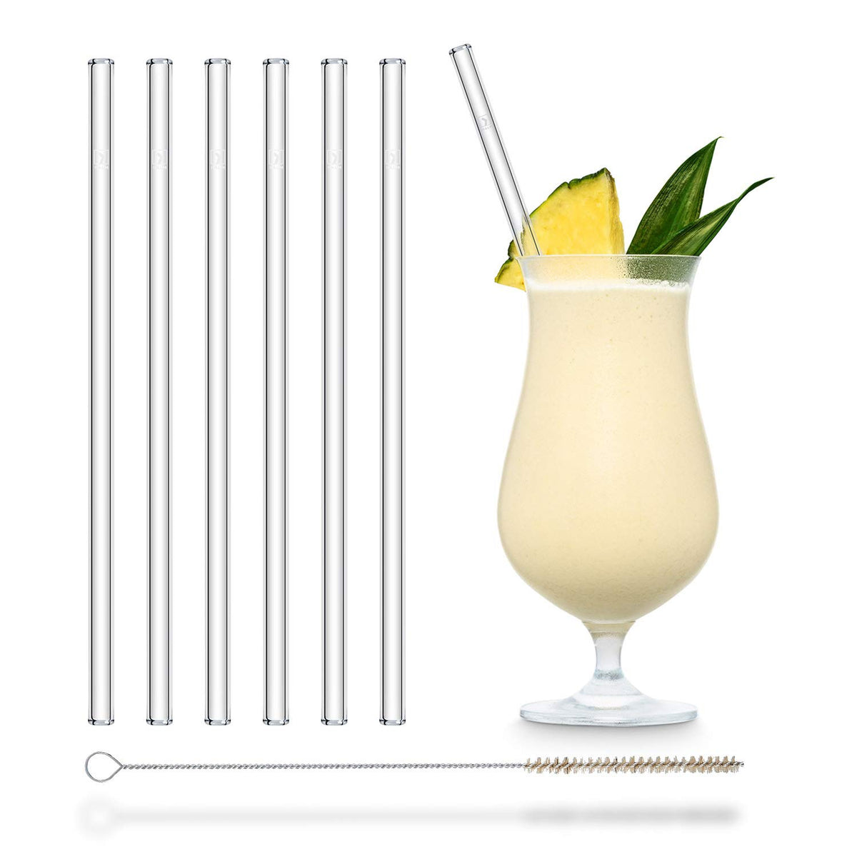 HALM glass straw six-pack in 9-inch size, ideal for smoothies and tall glasses.