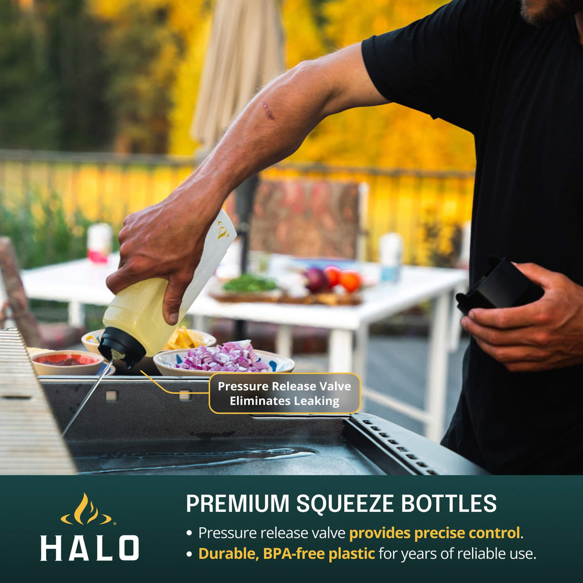 HALO Squeeze Bottles with pressure-release valve for smooth, controlled pours.